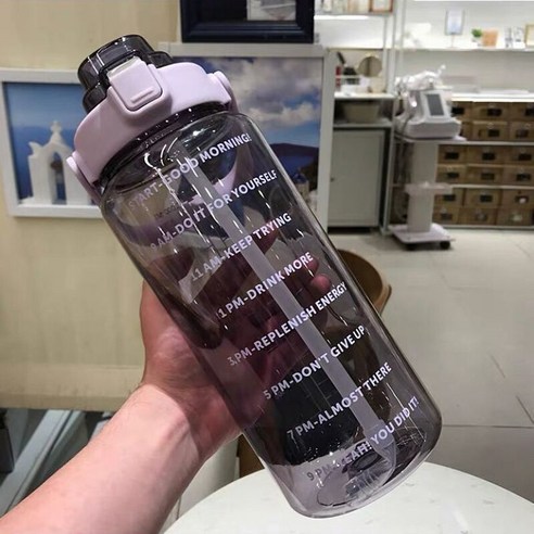 [SW] 2L 대용량 물병 밀짚 컵 고온 플라스틱 물 컵 시간 규모 서리로 덥은 야외 스포츠 커플 컵, 색깔9, 2L   64OZ
