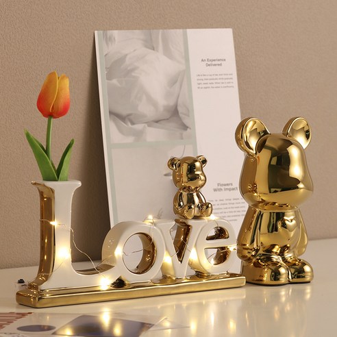 Uinox 곰돌이 다용도 인테리어소품 거실 인테리어 소품 무드등 장식 곰돌이 피규어, 골드, LOVE+큰곰 작은곰+등대+모조 꽃