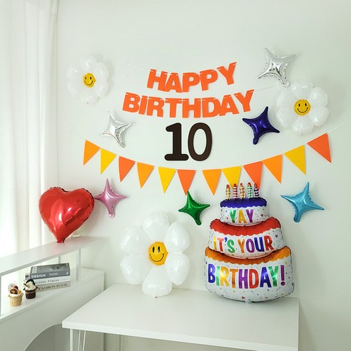 상큼화사 오렌지 펠트 생일가랜드 숫자펠트 전체 호일풍선 구성 생일파티용품 세트, 1세트, 숫자10번