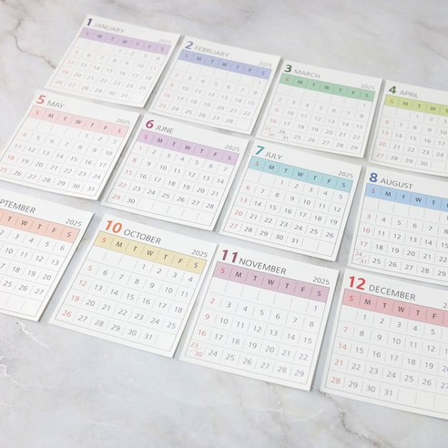 2025년 월별 달력 스티커 12개월 총12장 신학기달력, 1세트, 2025년1월~2025년12월