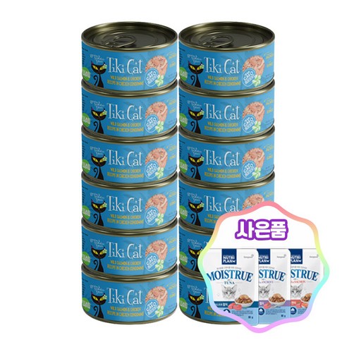 티키캣 루아우 고양이 주식캔 + 증정 고양이 습식파우치, 12개, 80g, 연어&치킨