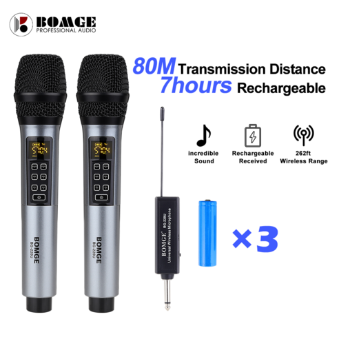 블루투스마이크  BOMGE 2 메탈 핸드헬드 UHF 무선 마이크 80m 가라오케 파티용 충전식 리튬 배터리 3개 포함, BG-220U-B