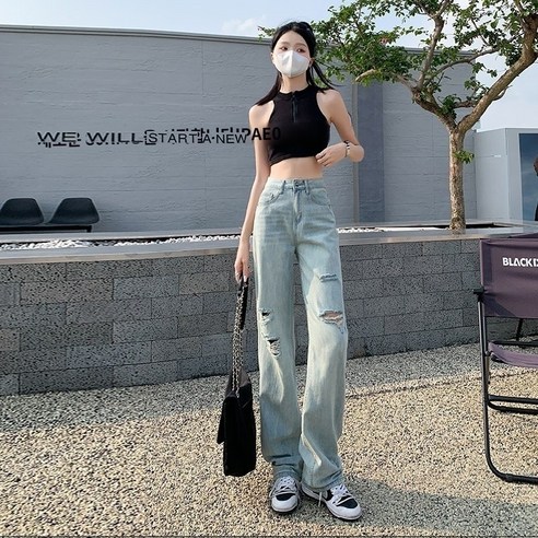 찰랑청바지 쿨링 배기 멜빵 빅사이즈 로우 린넨 데이텀 스키니 스판 카펜터 핀턱 포켓 와이드 밝은 색 청바지 여성 여름 얇은 섹션 새로운 좁은 버전 스트레이트 하이 웨이스트 느슨한 드레이프 와이드 레그 팬츠