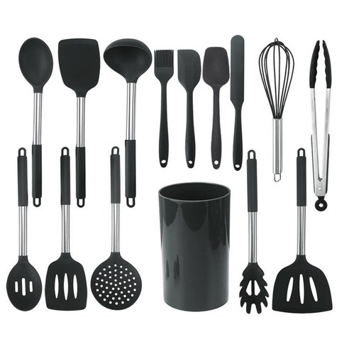 15Pcs 주방 가제트 조리기구 식기 세척기 안전 Nonstick 방지 주방 도구 조리기구 튀김 주방 액세서리 세트, 검은 색, 기타, 스테인레스 스틸