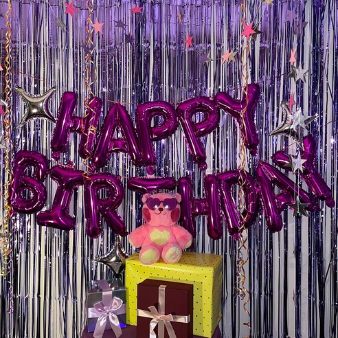 해피버스데이 생일파티장식세트 풍선 머리띠 선글라스 꽃가루 풀세트, 1세트, 버라이어티퍼플