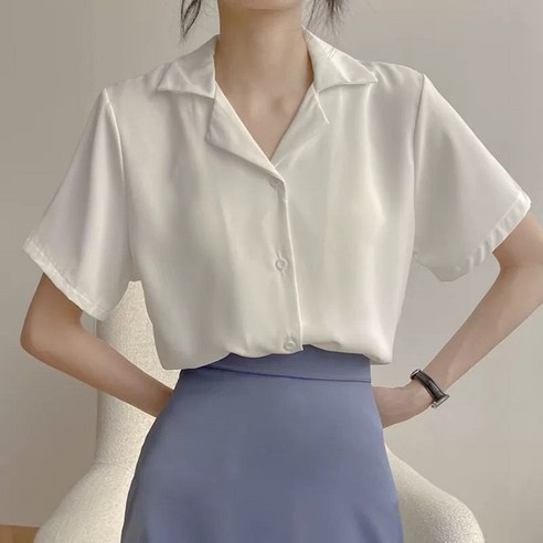 KORELAN 화이트 쉬폰 블라우스 여 여름 센스 브이넥 오버핏 반팔 양티