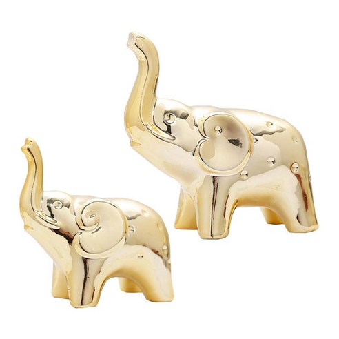 2x 귀여운 코끼리 입상 동물 조각 예술 공예 홈 Deocr, 세라믹, 금