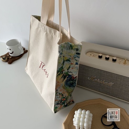 원래 디자인 Fleur 유화 캔버스 숄더 가방 쇼핑 가방 문학 간단한 옷감 대용량 가방