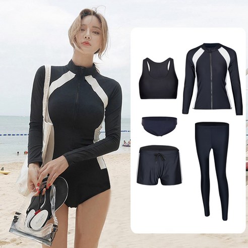 DFMEI 커플 잠수복 방석 해파리 스노클링 수영복 긴팔 바지 휴일 수영복 과 의, DFMEI 흑백 스티치 여성 다섯 조각 세트