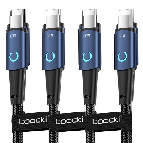 Toocki LED 하프문 PD 60W c to c타입 초고속 충전케이블 4개, 2m, 블루