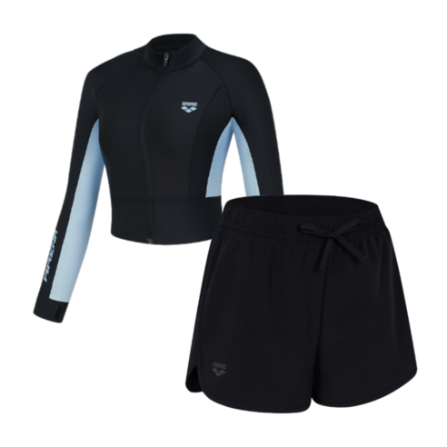 여름날의 자유를 담은 액티브 웨어, 아레나 레귤러핏 세미크롭 래쉬가드 세트 아레나구명조끼