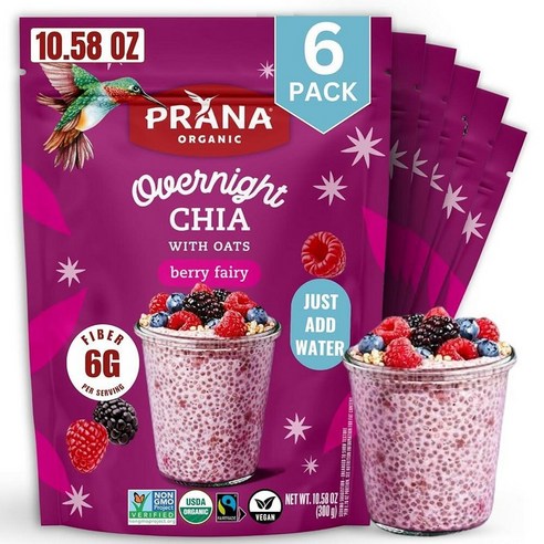 Prana 유기농 오버나이트 치아 귀리 베리 요정 | 풍부한 섬유질 및 단백질, 비건, GMO 프리 바로 먹을 수 있는 아침 식사 - 793.8g28온스 백 1팩 149252
