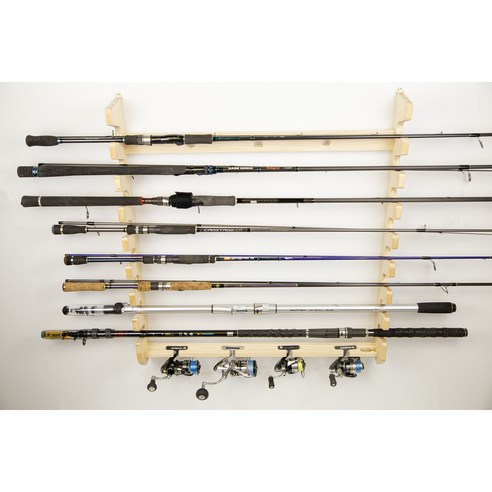 낚시대와 릴을 깔끔하게 정리하고 손쉽게 접근할 수 있는 원목 낚시대 릴 거치대 벽걸이형