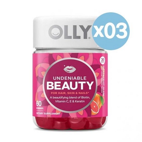 OLLY 올리 언디나이어블 뷰티 헤어+스킨+네일 서포트 30일분 60개입 3팩 Undeniable Beauty Gummy Grapefruit Glam Biotin Vitam, 3개
