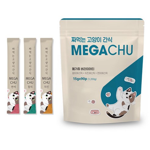 다시 돌아온 메가츄 짜먹는 고양이 간식 츄 90스틱 대용량 2개, 연어+치킨+참치, 15g, 180개