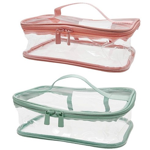 투명 화장품 가방 지퍼 방수 휴대용 여행 보관 가방 2 개, 하나, 핑크 & 그린