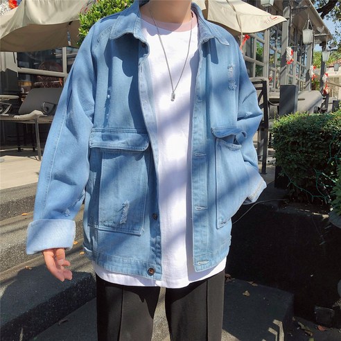 봄 새로운 느슨한 찢어진 데님 재킷 남성 한국판 스타일 캐주얼 트렌드 코트 탑