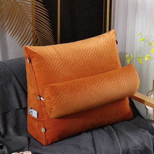 [RichMagic] 삼각형 독서 베개 등받이 쿠션 소프트 백 지원 베개 포켓 허리 쿠션 웨지 베개 Almohada Lectura, 45x45x20 cm, Orange Cushion