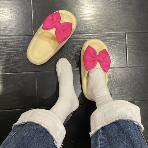리본 여성슬리퍼 사무실 발편한 PVC 실내 거실화 층간소음 쿠션, 옐로우, 1개