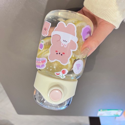 고붕소 실리콘 빨대 유리 물컵 여성 고안료 신형 여성 휴대용 컵 귀엽다 그물 빨간 물컵 바람, 화이트 450+ 스티커, 450ml 스티커