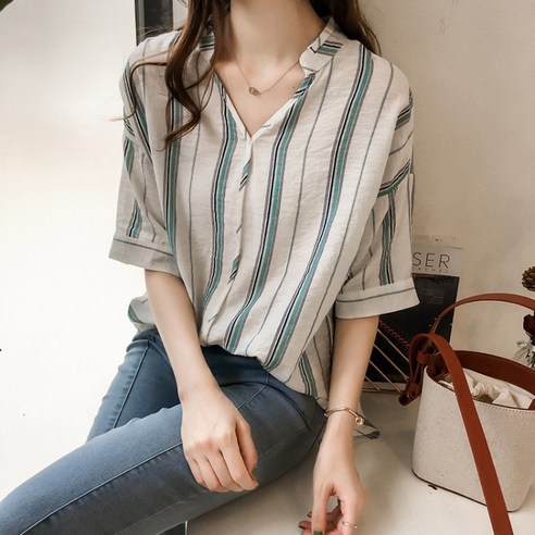 데이홀릭 여성용 셔츠 썸머 스트라이프 차이나카라 블라우스