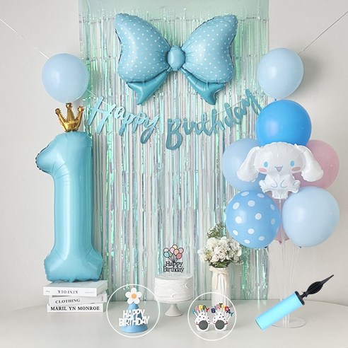 연지마켓 시나모롤 산리오 생일풍선 파티세트, 블루풀세트(블루숫자 1)