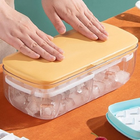 화양년화 푸쉬 얼음트레이 세트 +세척솔1개 아이스트레이 얼음통 실리콘 얼음틀 각얼음 아이스큐브 보관통, 옐로우, 48구