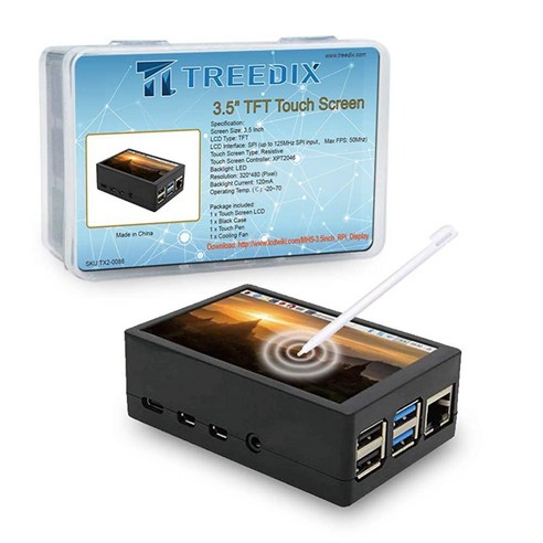 트리딕스 3.5인치 TFT 터치스크린 모듈 320x480 해상도 LCD 디스플레이 라즈베리 파이 4B/3B/3B+와 호환되는 터치펜 ABS 케이스와 함께 사용되는 냉각 팬 4B와