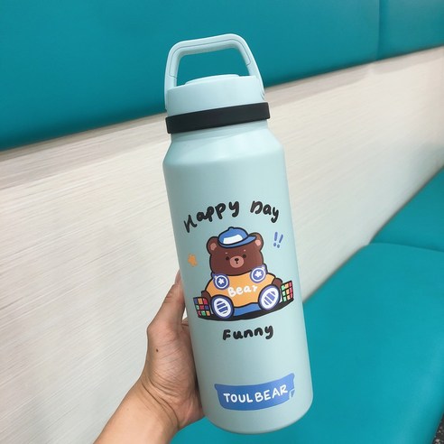ZZJJC 대용량 텀블러 여고 비주얼 물컵 스테인리스 스틸 남성 휴대용 아웃도어 주전자 1400mL, 청색