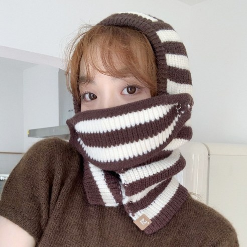 레니카 니트 바라클라바 후드 넥워머 겨울 방한 발라클라바 모자, 브라운