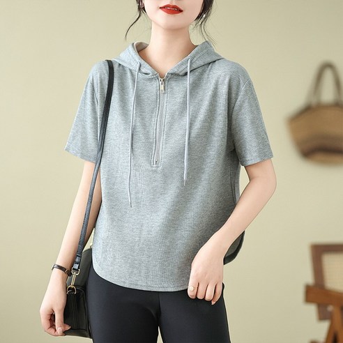 OWLGUGU OW0034A 여성 캐주얼 반집업 반팔 후드티
