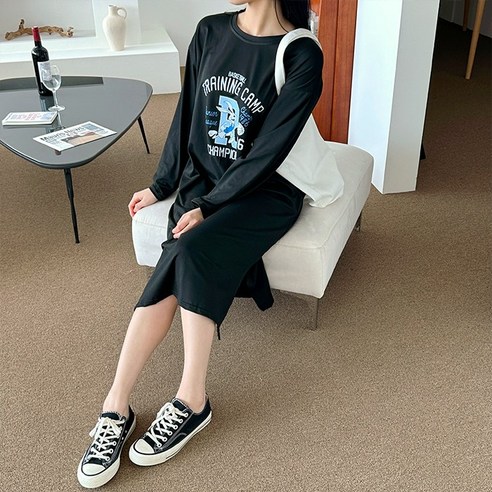 편안하고 세련된 디커스텀 데일리 긴팔 롱 원피스 티셔츠