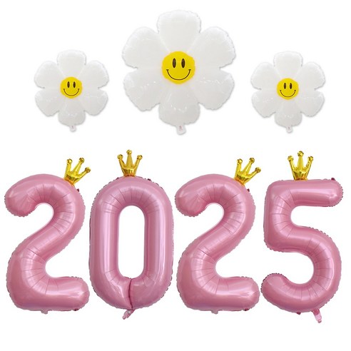 [해피쏘굿] 2025 숫자 풍선 세트, 1세트, 핑크왕관숫자+데이지세트