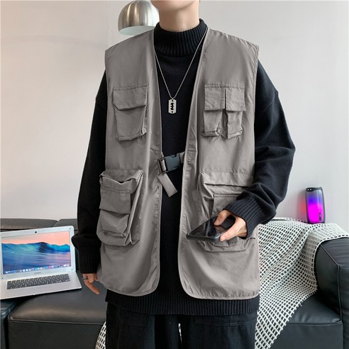 KORELAN 일본계 작업복 조끼 트렌디한 브랜드 인스타그램 포켓 조끼 코트 남성 봄 슬랙스 조끼