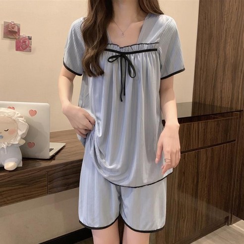 나이스플리츠 여름파자마 리본셔링 반팔잠옷세트 스판잠옷 여성홈웨어 예쁜여자잠옷