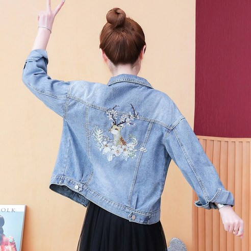 데님 짧은 코트 여성 느슨한 한국어 스타일 가을 유행 짧은 재킷 자수 캐주얼 다목적 재킷