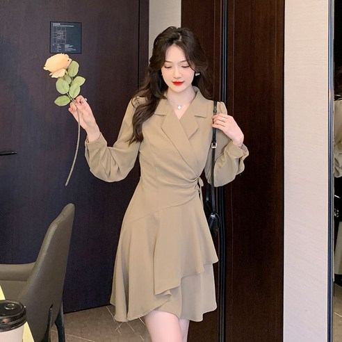 프렌치 정장 칼라 원피스 언밸런스 A라인 원피스 긴팔 원피스