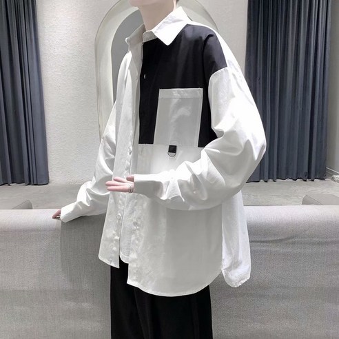 KORELAN 흑백 조인트 셔츠 남자 긴팔 트렌드 센스 셔츠 남자 멋있다 루즈하다 홍콩풍 학생 외투