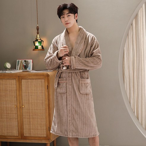 DFMEI-Y 하이 엔드 잠옷 남성 잠옷 가을 겨울 플란넬 잠옷 목욕 가운 두꺼운 산호 양털 홈 긴 인터넷 연예인, L 90-125kg, DFMEI 카키 가운