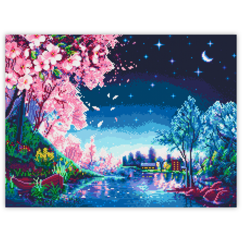 블링블링 캔버스 액자형 보석십자수 60 x 45 cm 해바라기 부엉이 금전수 DIY 세트 비즈 큐빅 중형, 1세트, CV-014 (벚꽃야경)