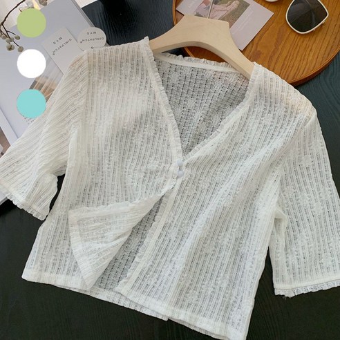 여성용 얇은 오버핏 크롭 반팔 가디건 – ANYOU 여름용 컴히얼가디건