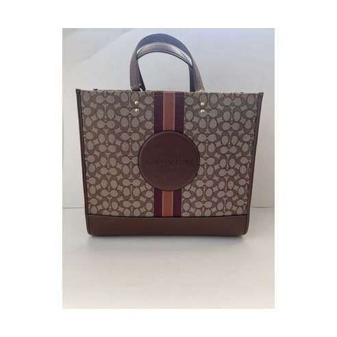 라지 코치 시그니처 스트라이프 뎀시 40 토트 백 C8418 새들 멀티 시그니처 레더