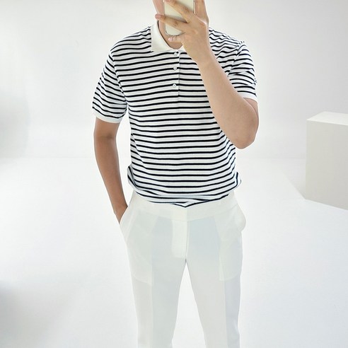 아도르클래식 제이 라운드 스트라이프 3버튼 헨리넥 카라 2컬러 봄 여름 시원한 니트 반팔티