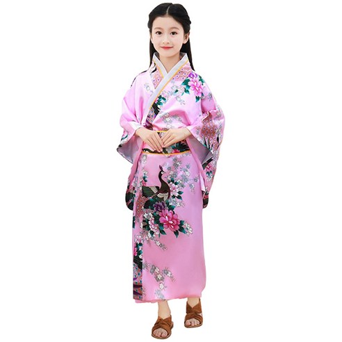 어린이 일본 전통 기모노 유카타 개량 의상 민속 한복 치마 드레스 롱 스커트 차이나 코스프레 자수 동양 플라워 T-1085