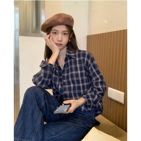 DFMEI 체크셔츠 여성 디자인 미니멀 마모셔츠 코트 봄 복고마운틴 루즈 시크 긴팔 탑입니다
