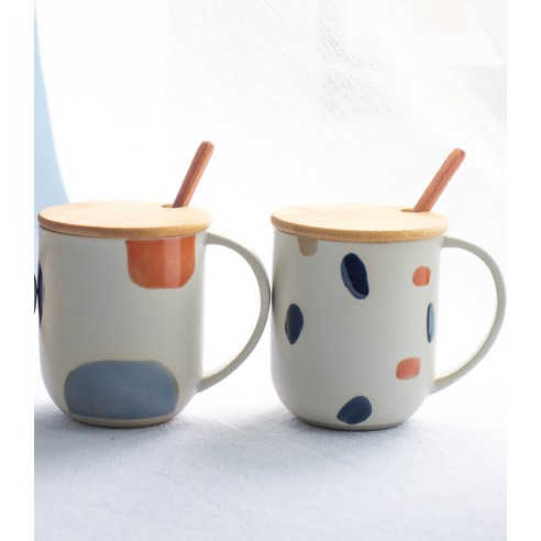 GU 한국어 스타일 커플 컵 세라믹 간단한 커피 컵 우유 머그잔 컵 폴카 도트 컵, 작은점+뚜껑+숟가락[큰점]