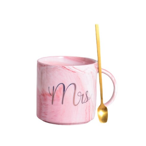 ANKRIC 머그잔 북유럽 창조적 인 대리석 세라믹 컵 간단한 머그 커플 커플 웨딩 동반 선물 컵, 핑크색 알파벳 국자 컬러 박스