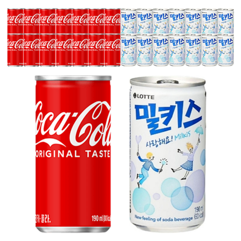 코카콜라190ml & 밀키스190ml 각15개 총30개 캔음료 탄산음료 사무실간식 혼합세트 묶음캔음료, 190ml, 1세트