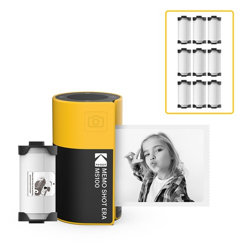 [코닥] 메모샷 ERA MS100 (라벨롤1개내장)+9롤 라벨프린터기 즉석카메라 2 in 1 라벨기 유아 토이 셀카기능 포토프린터 방수 스티커 제작 사진인화기 라벨테이프 LABEL, 1개, MS100 (옐로우)+10롤