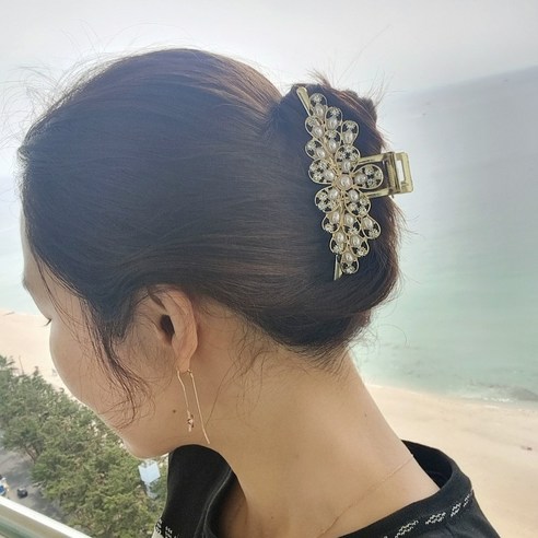 바이진주리본 플로리아 보석 올림머리 헤어 업스타일 메탈 진주 집게핀, 골드 Gold
